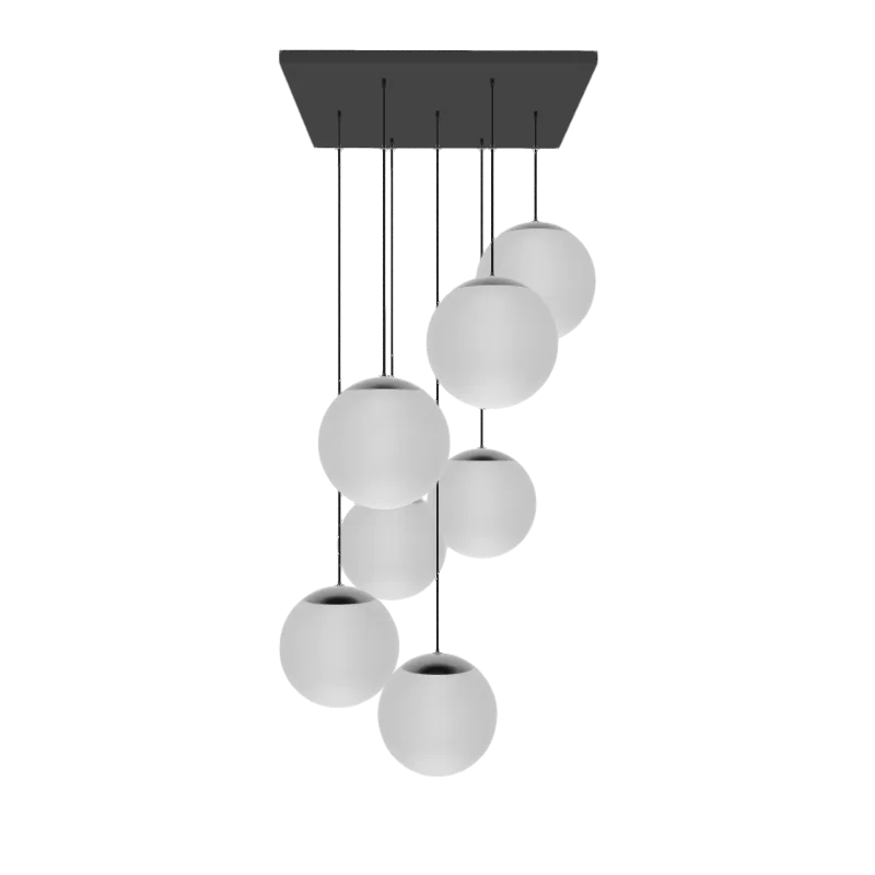 24" Square Metal Chandelier: 7 Pendant Black with Modern White Globe Shades