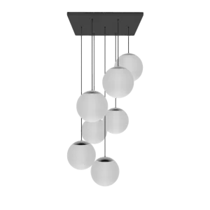 24" Square Metal Chandelier: 7 Pendant Black with Modern White Globe Shades