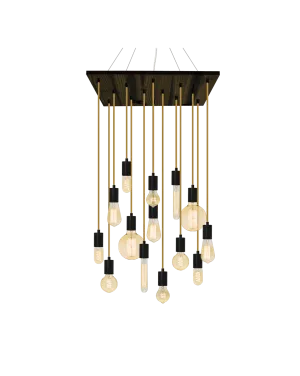 24" Square Wood Chandelier: Black and Rust With Gold Antique Bulbs
