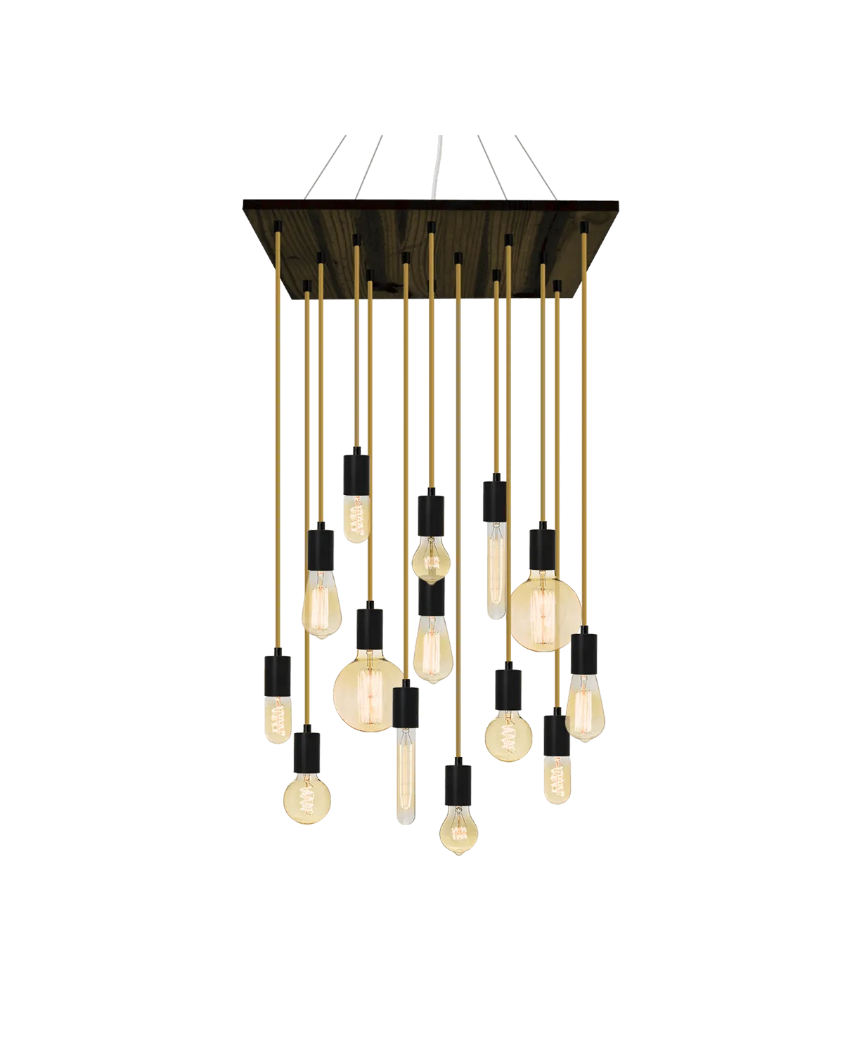 24" Square Wood Chandelier: Black and Rust With Gold Antique Bulbs