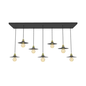 47" x 12" Metal Chandelier: 7 Pendant Modern Black and Brass with Black Modern Shades