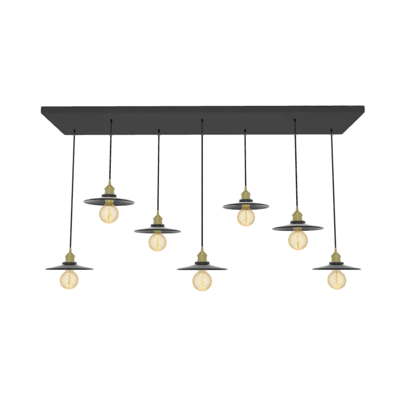 47" x 12" Metal Chandelier: 7 Pendant Modern Black and Brass with Black Modern Shades