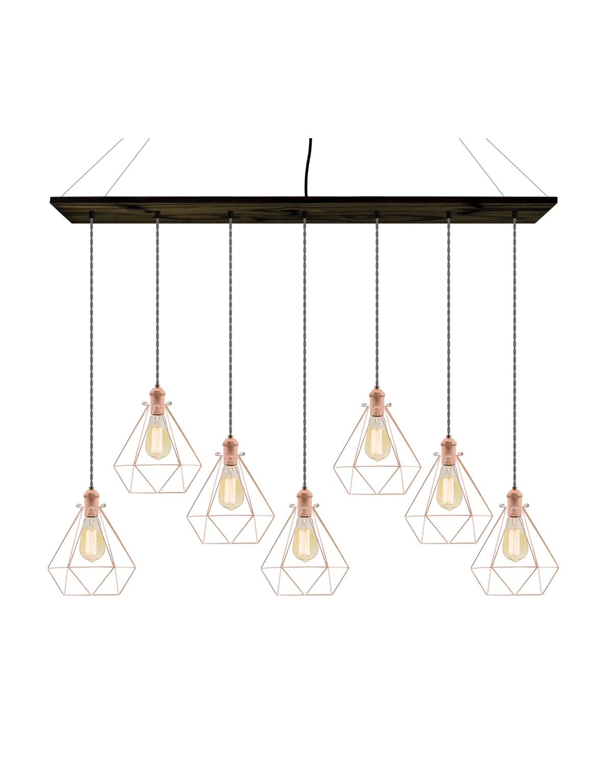 47" x 9" Wood Chandelier: Ebony, Grey, and Copper Diamond Cages