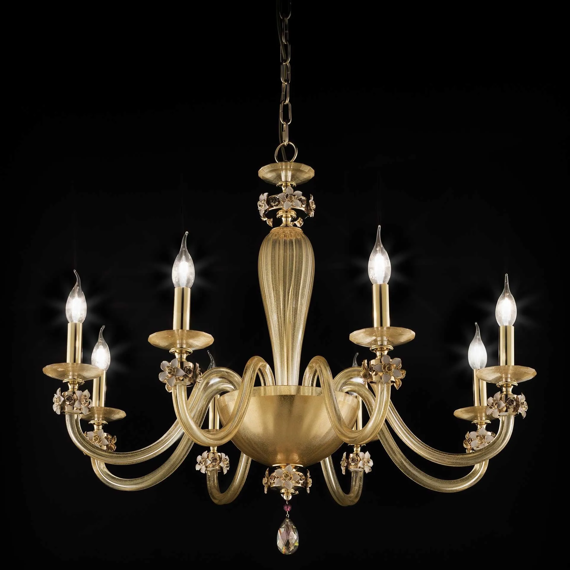 8 Arm Gold Glass Chandelier With Enamel Flower Decoration