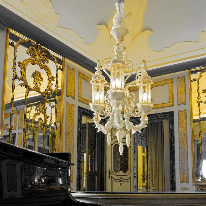 Hand-Blown Ornate Luxurious Ceiling Pendant Chandelier With Three Shades And Murano Glass