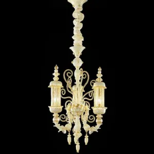 Hand-Blown Ornate Luxurious Ceiling Pendant Chandelier With Three Shades And Murano Glass
