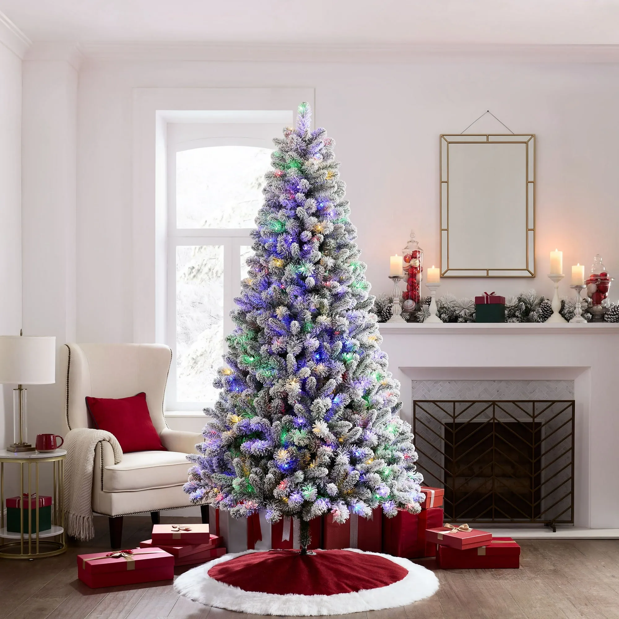 Holiday Time 253T24011 7.5ft Pre-Lit Flocked Frisco Pine Artificial Christmas Tree, 350 LED, Green, 7.5'