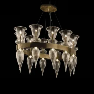 Luxury Ribbed Murano  Oval Chandelier - Burnished Brass Frame