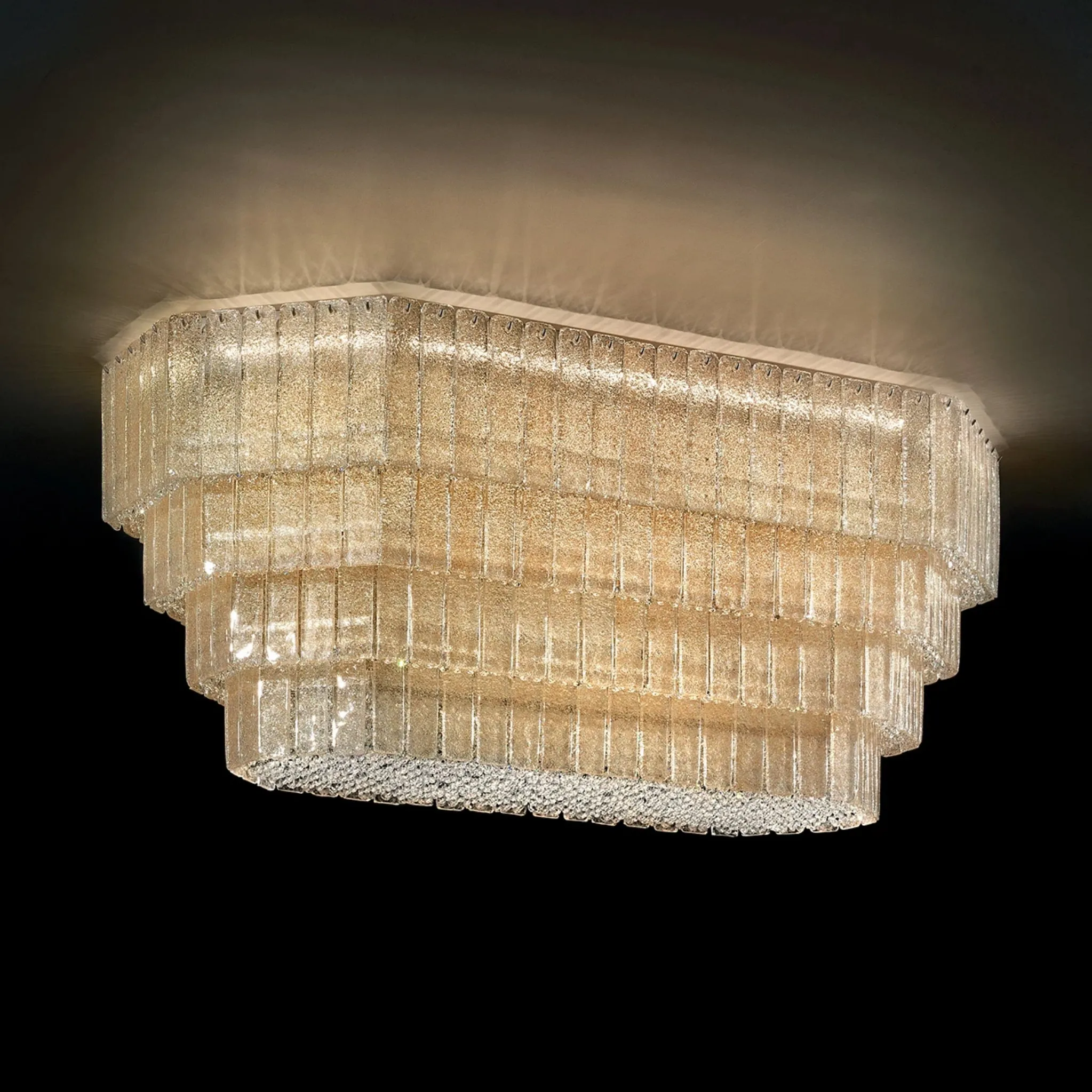 Mid Century Flush Chandelier With Hand Cut Amber Graniglia Glass
