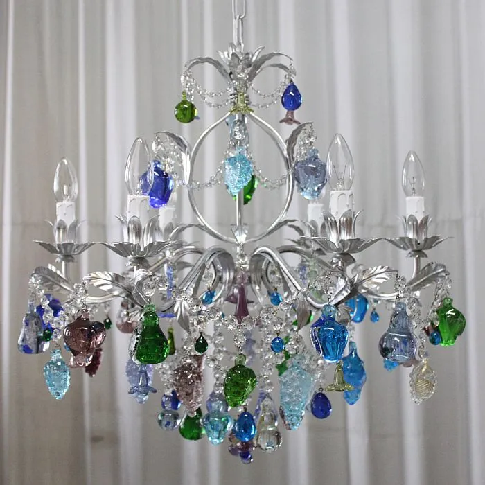 Murano Glass Chandelier With Blue, Green, And Crystal Fruits