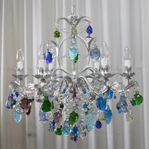 Murano Glass Chandelier With Blue, Green, And Crystal Fruits