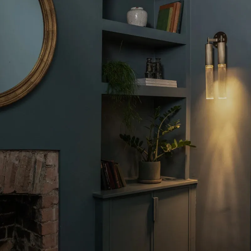 Reeded Glass and Brass Cylindrical Double Wall Light