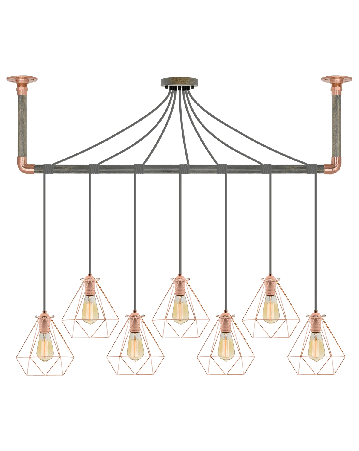 Wrap Chandelier: Grey, Copper and Copper Geometric Shade