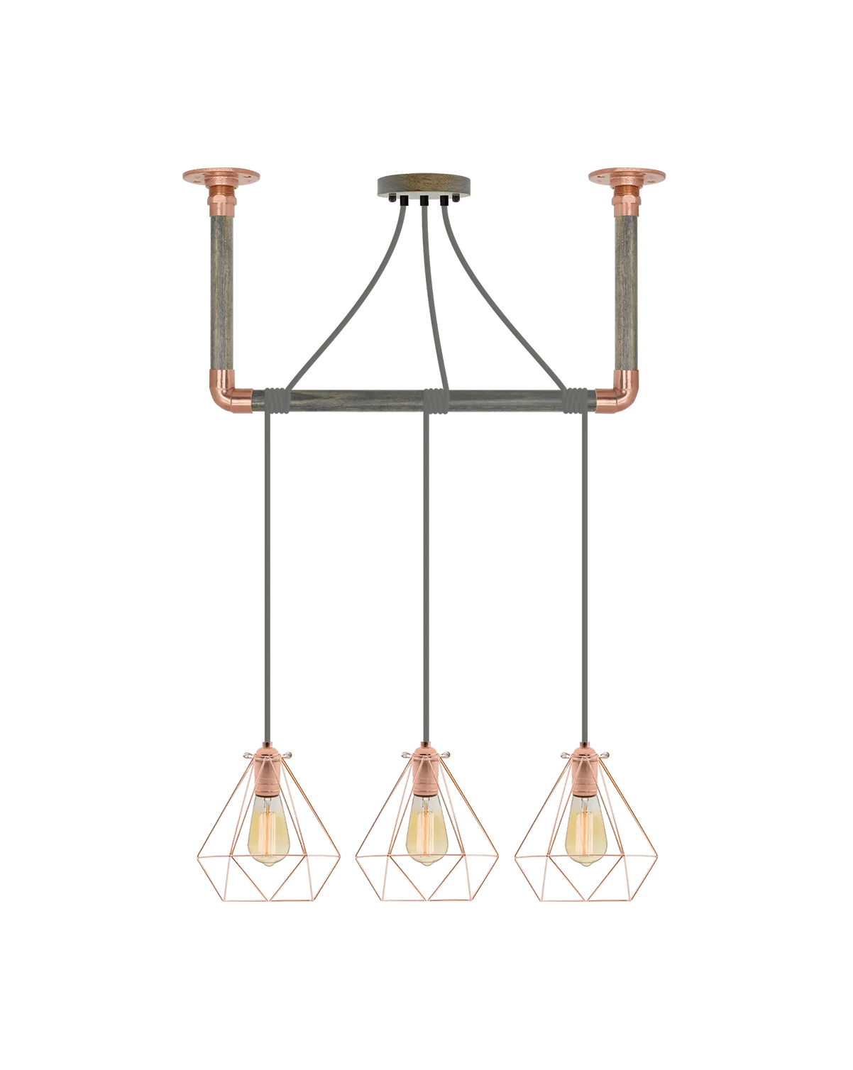 Wrap Chandelier: Grey, Copper and Copper Geometric Shade