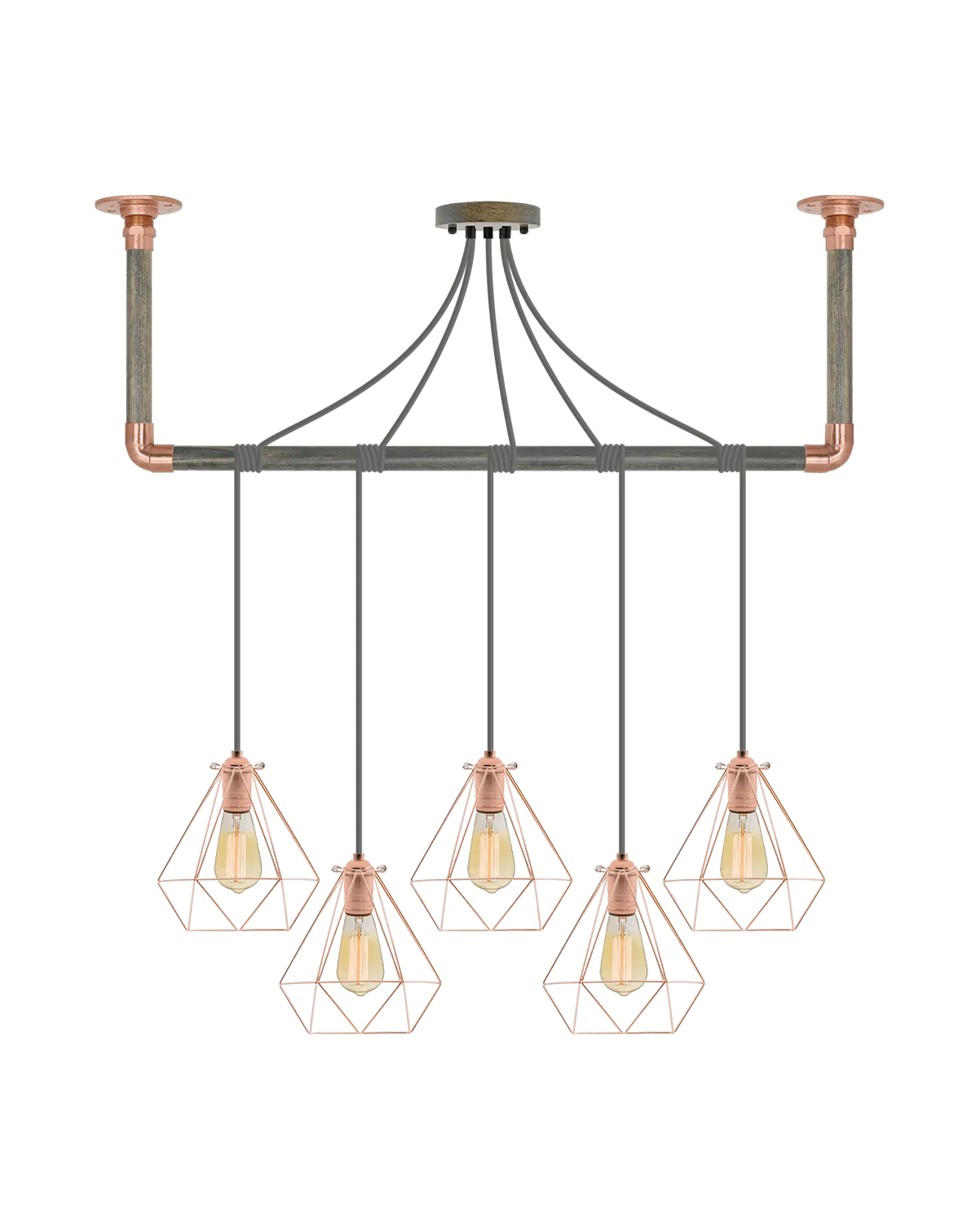 Wrap Chandelier: Grey, Copper and Copper Geometric Shade